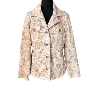 Chicos Floral Jacket Tan White Botanical Cotton Stretch Button Up Size 1 / Med